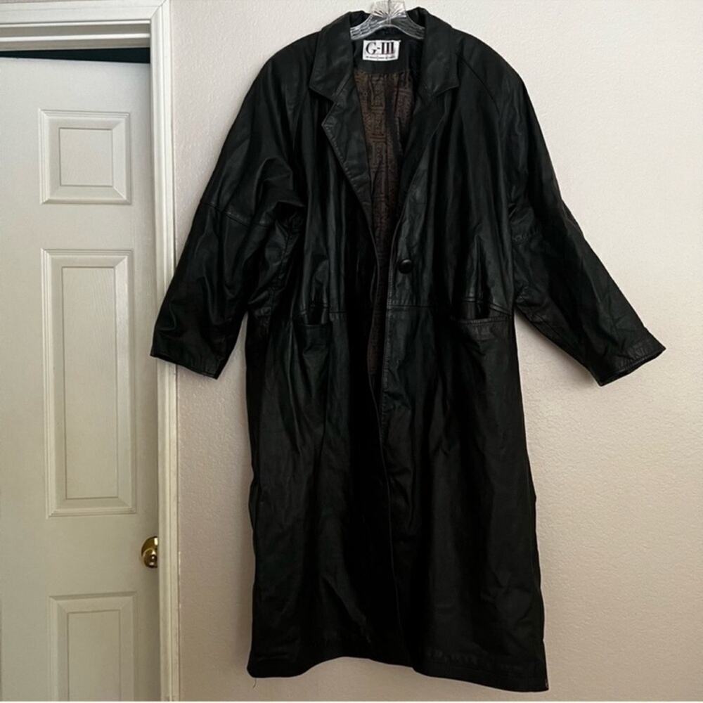Vintage‎ G-III Black Long Leather Trench Coat Size: 10